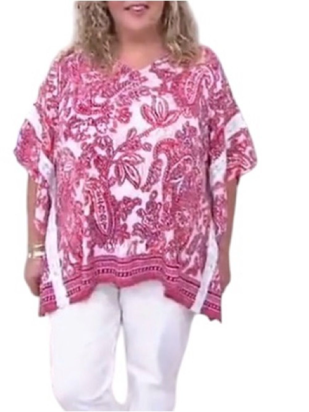 Susan Graver Printed Liquid Knit Scarf Top with Lace Trim